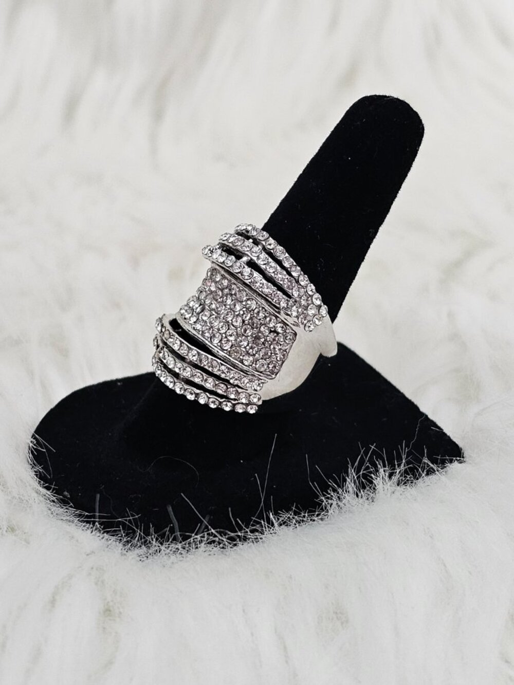 Silver-Tone Multi-Band Crystal Pave Full Finger Cocktail Statement Ring 7